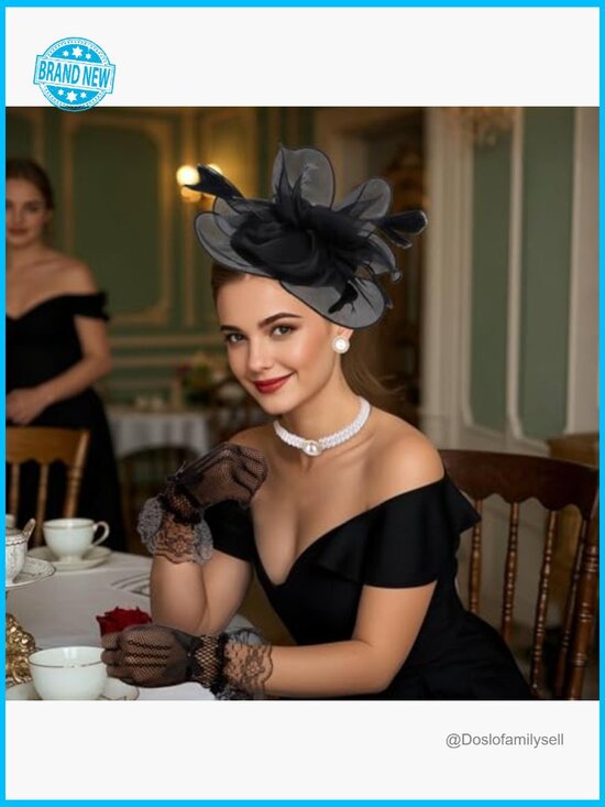 Fascinator Hat Set with Lace Gloves Pearl Necklace Earrings Feather Derby Hat main image 7
